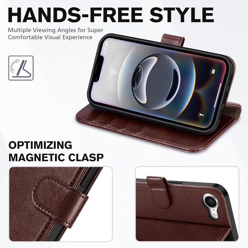 TUCCH Case Wallet for iPhone 16e, Magnetic PU Leather Kickstand Flip Cover with 4 Card Slot Shockproof TPU Interior Shell, [RFID Blocking] Folio Compatible with iPhone 16e, Chocolate Brown - Image 4